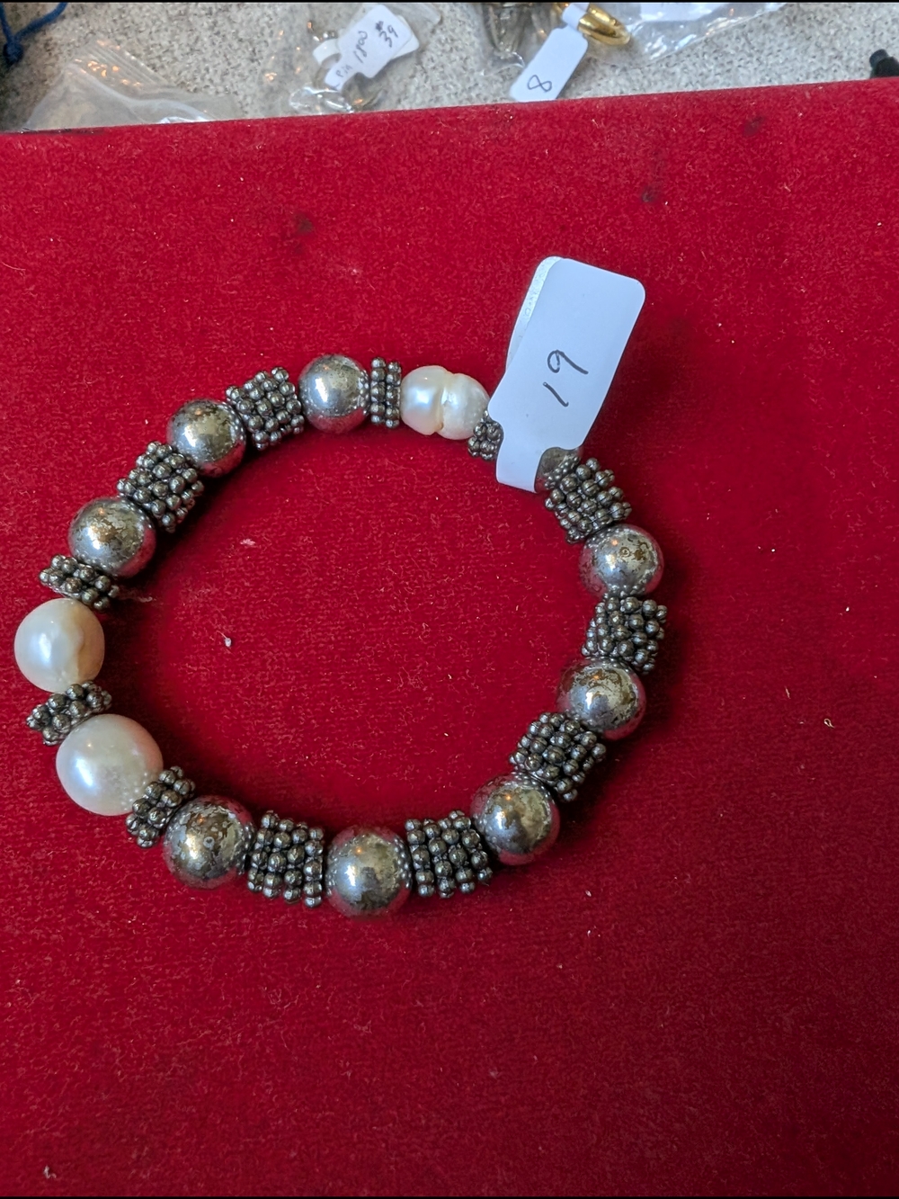 Vintage Silver Plate Bead and Pearl Stretch Bracelet - Silver and White